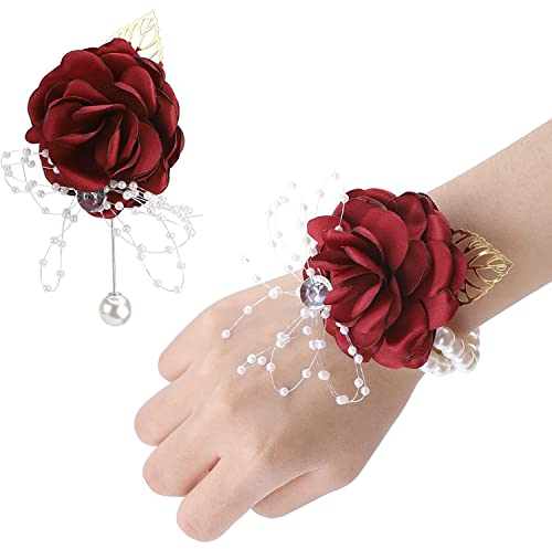 TSKDKIT Boutonniere Mariage Rouge Boutonniere Bracelets pour Mariage, Prom Rose Wrist Corsage Bracelet Corsage pour Femme, Fille, mariée, Demoiselle d'honneur, etc