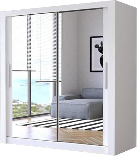 IE INTERIOR EMPORIUM MILAN SLIDING DOOR WARDROBE 4 COLOURS, 5 SIZES 100/120/150/180/203 & 250cm WITH MIRROR - SLIDING DOOR’S MODERN STYLE (White, 203cm)