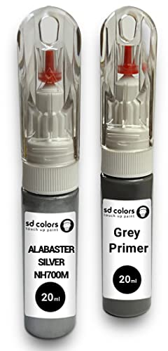 SD COLORS Alabaster Silver NH700M Kompatibel mit Honda Lackstift Reparatur-Set, 20 ml, glänzender Kratzer-Chip-Pinsel, Farbcode NH700M Alabaster-Silber (Farbe + Grundierung)
