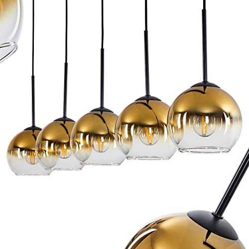 Hängeleuchte Koyoto, Hängelampe aus Metall/Glas in Schwarz/Goldfarben/Klar, Leuchte 5-flammig im Vintage/Retro Design mit Schirmen aus Glas (Ø 15 cm), Höhe max. 147,5 cm, 5 x E27, ohne Leuchtmittel