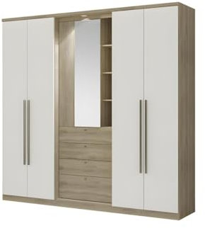 Vente-unique-Armario ISAK - 4 Puertas - Espejo y cajones - Largo 240 cm - Roble y Marfil