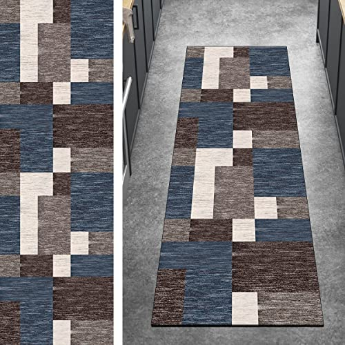 Ymural Patchwork Teppichmatten Teppich Läufer Flur Lang 100x100CM Schwarz Blau Kücheläufer rutschfest Meterware Teppichläufer Waschbar Kurzflor Polyester Korridor, Breite 40-120cm