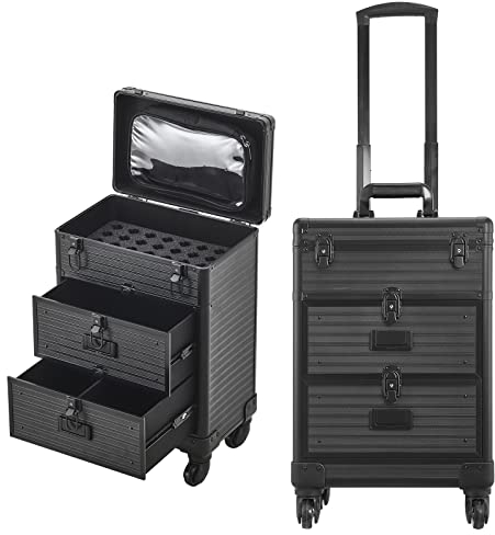 BTGGG Kosmetikkoffer Trolley mit Schublade Professionell Make Up Koffer Friseurkoffer mit Rollen Abschließbar Schminkkoffer Damen Nägel Koffer für Reise, Friseure, Visagisten, Nageltechniker, Schwarz