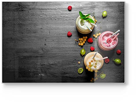 DEQORI Schneidebrett aus Glas | groß 30x20 cm | Motiv Smoothies auf Schiefer | Design Schneideplatte für Küche | Frühstücksbrett antibakteriell & rutschfest | Glasplatte & Servierplatte