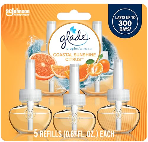 Glade PlugIns Refills Air Freshener,Coastal Sunshine Citrus, Scented and Essential Oils for Home and Bathroom, 0.67 Fl Oz, 5 Count
