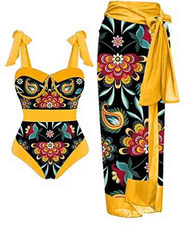 LAOSU Femme 1 Pieces Maillot De Bain avec Paréo,D'Été Maillot De Bain avec Manche,Bikini Rose Fluo,Bikini Violet,Maillot De Bain Noir Une Piece,Maillot De Bain Modeste