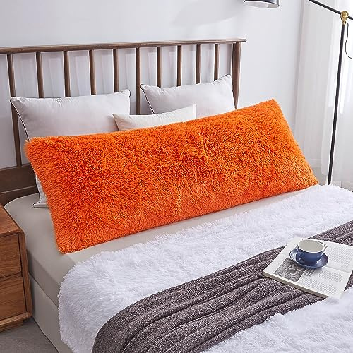 XeGe Long traversin moelleux en fausse fourrure avec fermeture éclair, taie d'oreiller standard en peluche pour femmes enceintes, maternité et dormant sur le côté, 1,4 m, orange, XeGeZT21x54-CHENG