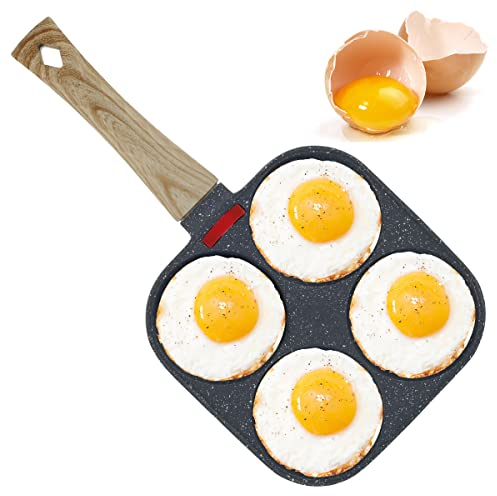 Egg Frying Pan Non Stick Aluminum 4 Mould Egg Frying Pan Aluminum Mini Pancake Egg Cooker Omelet Pan with Wood Handle Breakfast Egg Pan for Home Kitchen Cooking