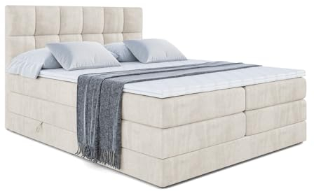 ALTDECOR Boxspringbett mit Matratze und Lattenrost, Topper, Polsterbett mit Bettkasten, Bett mit Stauraum H3- und H4- Matratze, Doppelbett, Springboxbett RICAR King 140x200 - Beige Samt