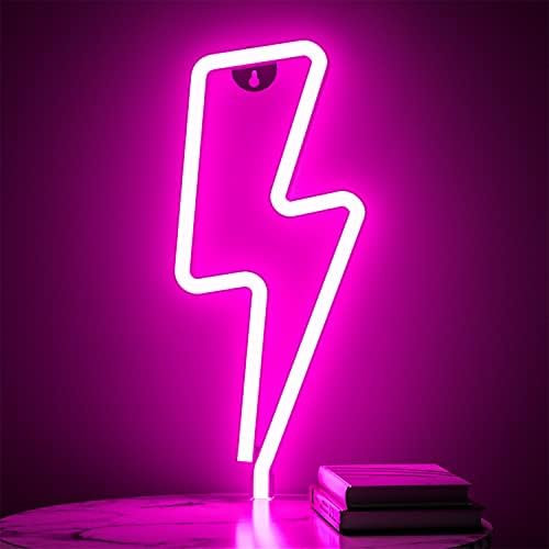 XIYUNTE Lightning Bolt Neon Light Sign - USB or Battery Powered Lightning Neon Signs for Wall Decor, Pink Lightning Led Signs for Bedroom, Girls Room, Kids Room, Game Room, Party Decoration