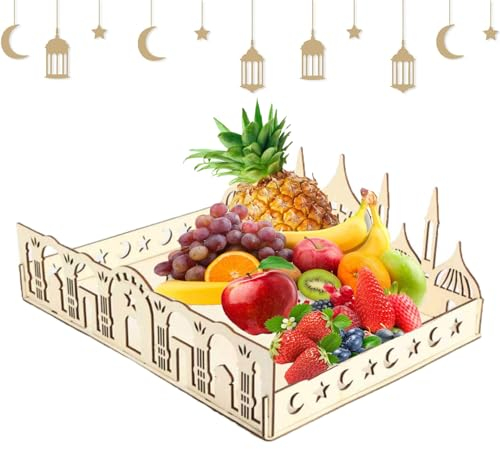 SunAurora Plateau en Bois du Ramadan, Plateau en Bois Eid Mubarak, Vaisselle de Service pour Fête de l'Aïd Mubarak,Plateau de Service en Bois Ajouré pour Dessert Pâtisserie Présentoir Décoration