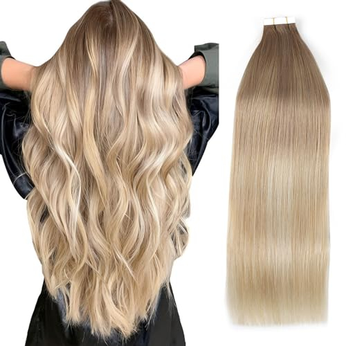 YMEYME Balayage Tape in Extensions Echthaar 45cm 50g 20 Stück Aschbraun, das in ein schmutziges Blond mit Platinblond verblasst #B8-18-60-A
