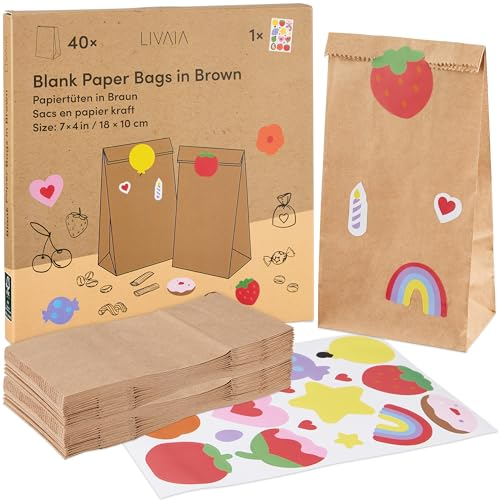 Kraftpapier Tüten: 40x braune Papiertüten – 18x10cm – mit Sticker – ideal als Geschenk Tüte und Adventskalender zum befüllen – nachhaltig – Geschenktüten Kindergeburtstag und Weihnachten von LIVAIA