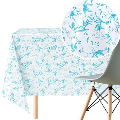 KP HOME PVC Wachstuchtischdecke Rechteckig 300x140 cm - Abwischbare Tischdecke Kunststoff Wasserdichtes für 10 Personen - Vinyl Tischtuch Weiße mit Blau Grünem, Türkisfarbenem Blattmuster