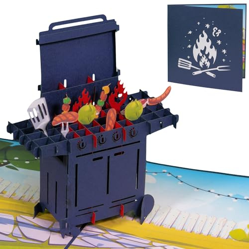 LINPOPUP Pop-Up Karte Grill - 3D Geburtstagskarte für Mann, Papa, Freund, als Gutscheinkarte - Geldgeschenk Karte für Grillen, N113
