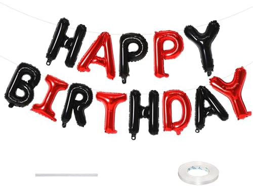 16 Inch Foil Red & Black Balloons Self Inflating Letter Banner: 'Happy Birthday' - Boys & Girls Party Decorations Supplies