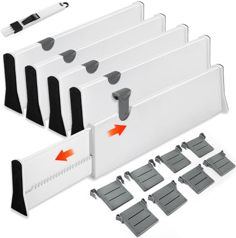 YIYADI Juego de 4 Separadores de Cajones ajustables,Separador Cajones de ropa de cocina expandibles con cepillo de limpieza,Divisores de Organizador Cajones de cajones de cocina,Dormitorio,Oficina