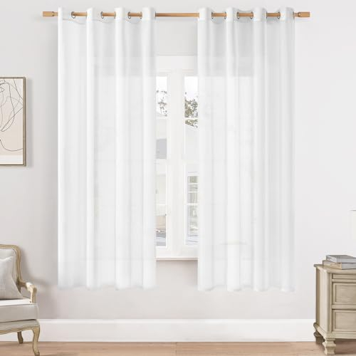 Softalker Gardinen mit Ösen Vorhang Vorhänge Kurz Stores Stores Schals Gardine Weiss Transparent Gardinenschal Ösenschal 160 cm Hoch 2er Set für Wohnzimmer Schlafzimmer