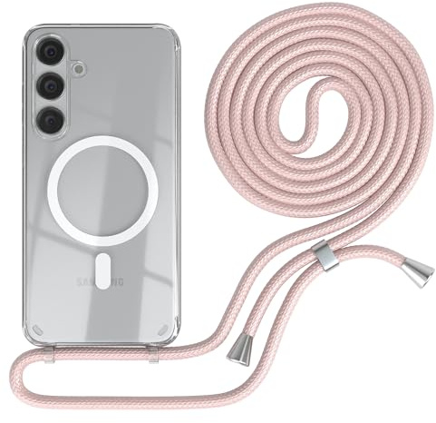 EAZY CASE - Handykette kompatibel mit Samsung Galaxy S24 Plus Kette zum Umhängen Stoßfest Handyhülle für Galaxy S24 Plus Silikon Hülle mit Band Handytasche Transparent als Fallschutz in Rosé-Gold