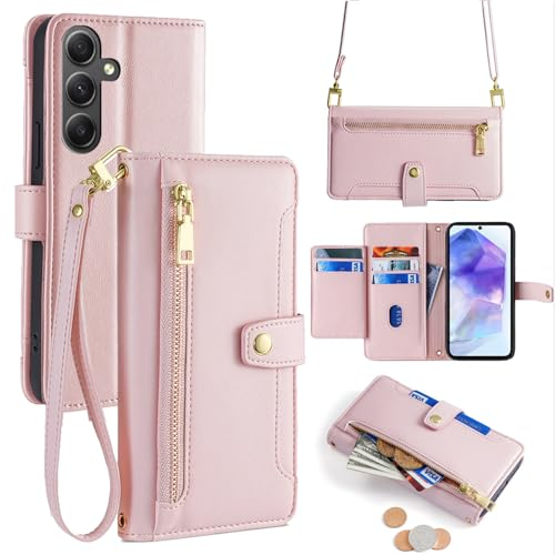 Handykette Hülle Kompatibel mit Samsung Galaxy A55 | Leder Handyhülle mit Kartenfächern | Frauen Brieftasche Klapphülle zum Umhängen | Rosa