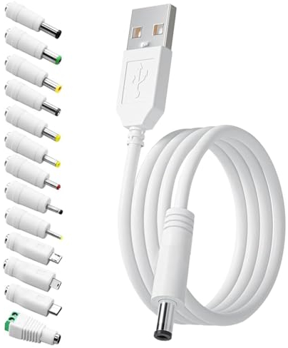 TONTON Cable USB universal a DC 5V a cable de alimentación de 1,5 m, cable de carga multiconector USB a adaptador DC 5,5 x 2,1 mm a 13 conectores para dispositivos electrónicos, color blanco.