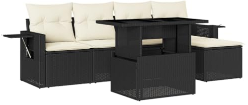 vidaXL Garten Sofa Garnitur 6-TLG., Gartenmöbel Set mit Kissen Modular, Lounge Sitzgruppe für Garten Terrasse, Gartentisch Verstellbare Tischplatte, Schwarz Poly Rattan
