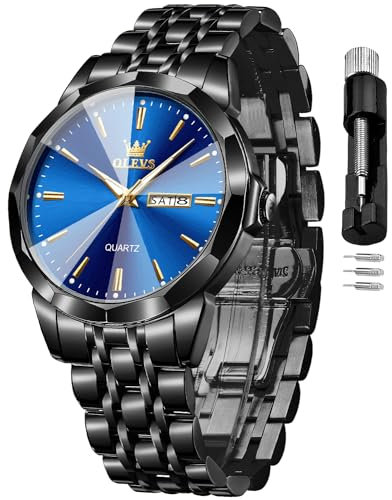 OLEVS Herrenuhr Luxus Business Dress Uhr UK Diamant Design Quarz Edelstahl Wasserdicht Leuchtende Woche Kalender Geschenk, 3615: Schwarz und Blau, Armband