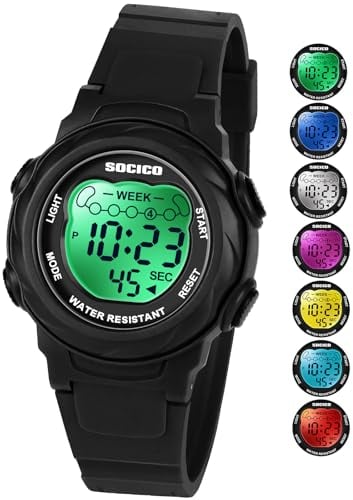 SOCICO Kinderuhr Digitaluhren für Mädchen Jungen, wasserdicht 5ATM, 7 Farbe leuchtet Uhren für Kinder mit Alarm Stoppuhr, weiche Band Armbanduhr für Mädchen und Jungen im Alter von 5-12.