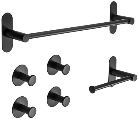 Mooche Towel Rail Bathroom Hardware Set 5-Piece, Black Bathroom Accessories, Set 35CM 1 Self Adhesive Towel Rail 1 Paper Towel Holder 4 Self Clothes Hook 304 Stainless Steel Adhesive Wall Mounted