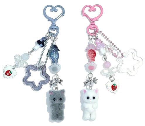 FloralGrace 2 Stück Cute Pink und Grau Schlüsselanhänger, Flauschige Katze Schlüsselanhänger Ästhetisch Y2K Schlüsselanhänger Stilvolle Zubehör