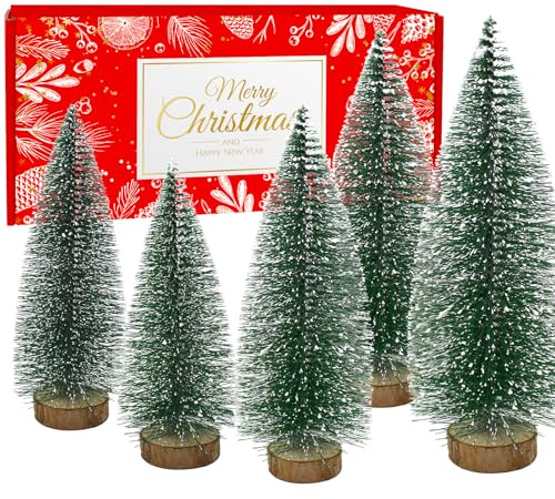 5PCS Small Christmas Trees, Bottle Brush Christmas Trees Mini Sisal Snow Frost Trees Pine Trees with Wood Base Tabletop Mini Christmas Village Tree for Holiday Decorations
