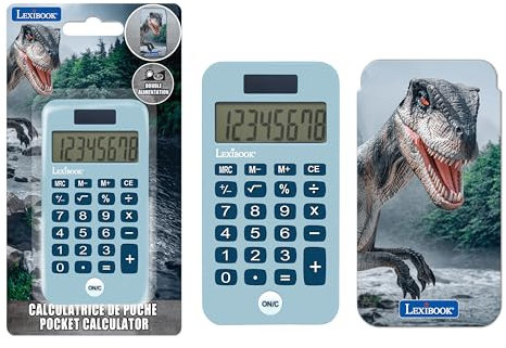 Lexibook, Dinosaurier Taschenrechner mit Schutzhülle, konventionelle und erweiterte Rechnerfunktionen, Batterie- und solarbetrieben, Blau, C45DINO