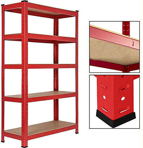 5-stöckiges Metall-Garagenregal mit Steckregalen, robuste Stahl- und MDF-Konstruktion, 175 kg Kapazität pro Regal, Rot, 180 x 90 x 40 cm