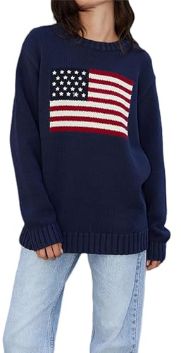 Damen Y2K Vintage Oversized Sweater Langarm Rundhalsausschnitt USA-Flagge Strickpullover Amerikanische Flagge Chunky Cable Preppy Strickwaren Top