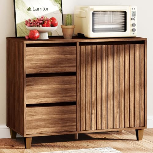 Lamtor Sideboard Buffet Cabinet with Storage - Fluted Wooden Sideboard with 2 Doors & 3 Drawers, Walnut Console Buffets for Kitchen, Living Room, Hallway