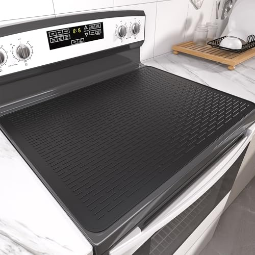 Stove Top Cover for Electric Stove- Range Covers for Electric Stove,Silicone XXL Dish Drying Mat, Glass Cooktop Covers, Flat RV Range top Mats (Black, 28x20)