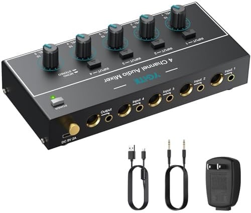 YGiTK Audio Mixer 4 Kanal Stereo Audiomischer 6,35 mm+3,5 mm Mini-Audiomischer 4 Eingänge & 1 Ausgang, Type-C Aufladen, Ultra Niedrig Noise, mit Lautstärkeregelung