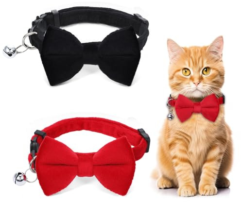 YUXIANLB 2 Stück Katzenhalsband Samt Katzenhalsband mit Glöckchen und Fliege verstellbar Welpen Sicherheitsfliege einfarbig Katzen Katzenhalsbands Verstellbar Sicherheitsfliege für Hochzeiten Ankleide