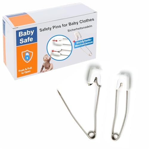 Sachverständigen-Zubehör® Sicherheitsnadeln mit Baby-Verschluss [Safety Windelnadeln] Weiß Groß 58 mm 4/8er Set | Edelstahl Windelstifte für Kinder | Stoffwindeln mit Extra Sicherheitsverschluss