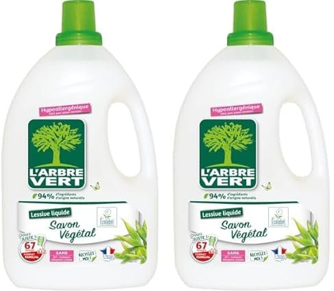 L'Arbre Vert Lessive Ecolabel Savon Végétal - Hypoallergénique - 67 Lavages - 94% d'ingrédients d'origine naturelle - 3.015L (Lot de 2)