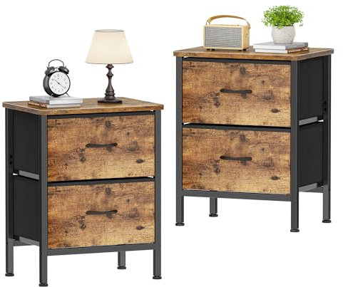 HOMIDEC Table de Chevet Lot de 2, 55 cm de Haut avec Cadre en Métal et 2 Tiroirs en Tissu Grande Capacité pour Chambre à Coucher et Salon, Marron Rustique