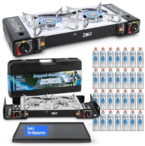 ZMC - Hornillo de gas para camping (2,5 kW, 2,5 kW, incluye adaptador para conexión LPG + plancha de 45 x 24 cm + 28 cartuchos de gas de 227 g + maletín de almacenamiento, set completo con encendido