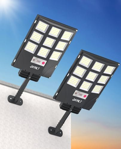 JAYNLT Lampadaire Solaire Exterieur, 6500K Lampe solaire Extérieure avec Télécommande, IP66 Étanche Projecteur avec Detecteur de Mouvement, Lumière Solaire pour Rue, Garage, Parking（2Pack）