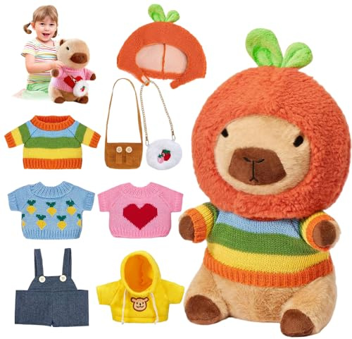 XPJBKC 2025 Neue Capybara Plüschtier, 9 in 1 Capybara Kuscheltier, Niedliche Capybara Plushie mit Kleidung, Hüte, Taschen, Tägliches Ankleiden Baby Capybara für Jungen Mädchen (30cm)