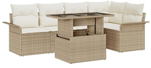 vidaXL Garten-Sofa-Set mit Kissen mit Speicher 6 pcs Beige Poly Rattan, Garten und Terrasse, rechteckige Sitzgruppe, modulare Möbel, verstellbare Füße, strapazierfähiges Lounge-Set