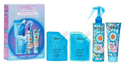 amika moisture-minded hydration routine set - includes travel size hydro rush intense moisture shampoo, hair conditioner + hair mask + full size leave in conditioner spray (4 pieces)