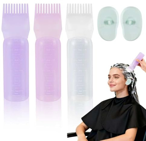 Lot de 5 Flacons Applicateurs D'huile Capillaire de 180 ml avec échelle Graduée, avec Cache-oreilles en Silicone et Cape de Coiffure pour Huilage des Cheveux, Coloration des Cheveux (Réutilisable)