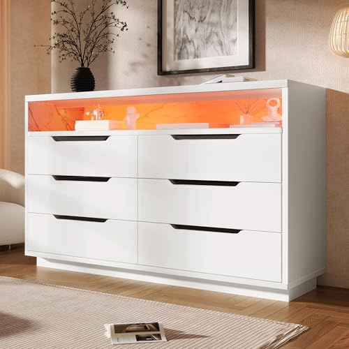 FammyLoft Storage Cabinet, Sideboards with RGB LED Lighting and Shelves, Bedroom Chest of Drawers, Standing Cabinet, Storage Cupboards for Living Room, Kitchen, 85 * 120 * 40cm, White