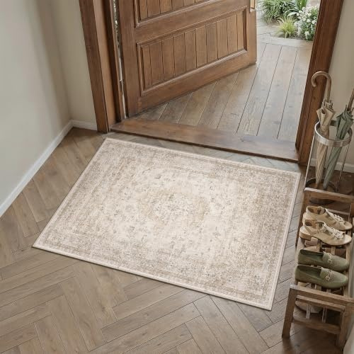 PureCozy Fussmatte Teppich 60x90cm Beige Fußmatte Klein Waschbarer Teppiche | Weich Kurzflor, Rutschfest, Leicht, Schlafzimmer, Esszimmer, Büro, Kinderzimmer Tepich