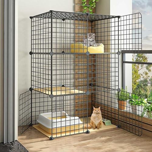 MRVAKDYDI Hundezwinger Welpen Katze Kaninchen, DIY 2-3-stöckiges Katzenkäfig-Gehege-Set mit Zubehör for kleine Haustiere, Schwarz, 75 x 39 x (73-109) cm(75x39x109cm)